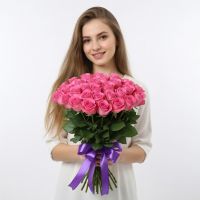 роза розовая (25 шт.), упаковка, лента