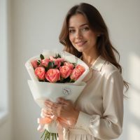 роза коралловая (11 шт.), рускус, упаковка, лента