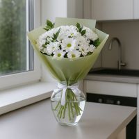 хризантема кустовая белая (7 шт.), рускус, упаковка, лента