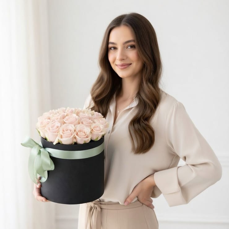 Cream roses in a box – flower delivery in Kyiv (Kiev)