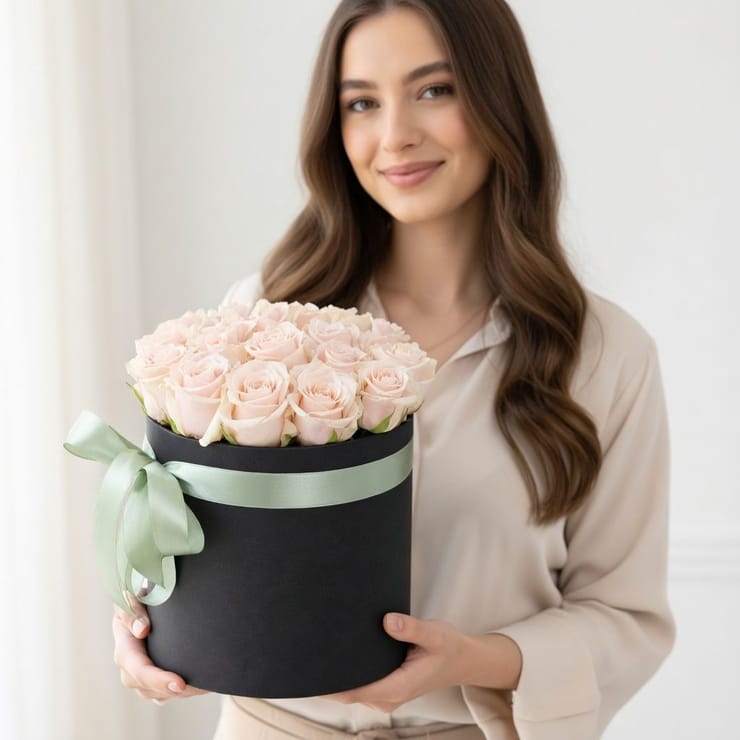 Cream roses in a box – flower delivery in Kyiv (Kiev)