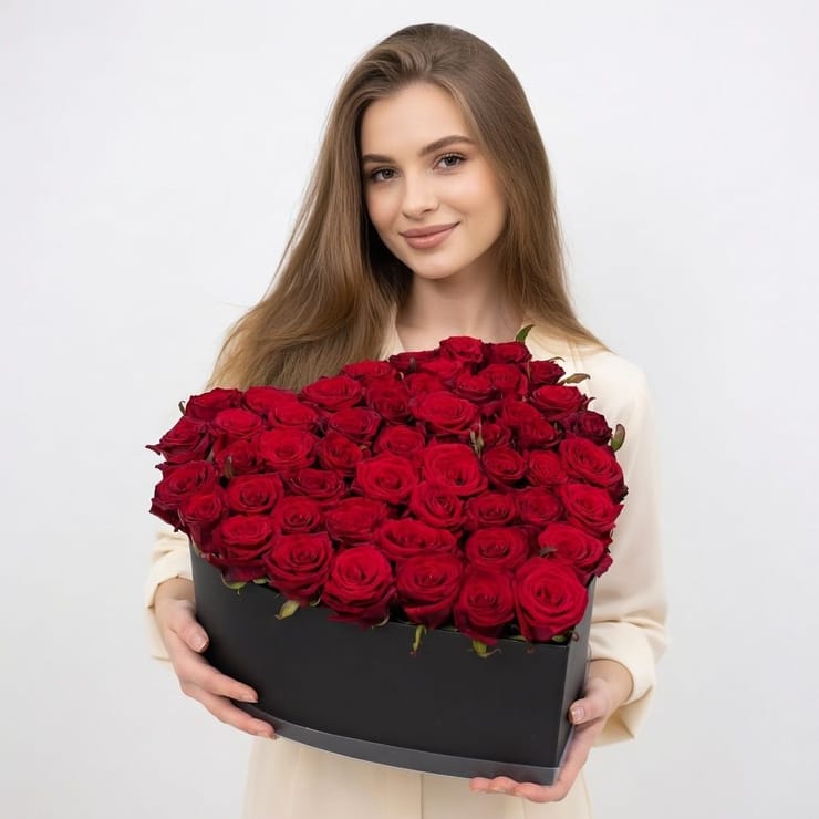 51 красная роза в коробке – доставка цветов в Нью-Йорк