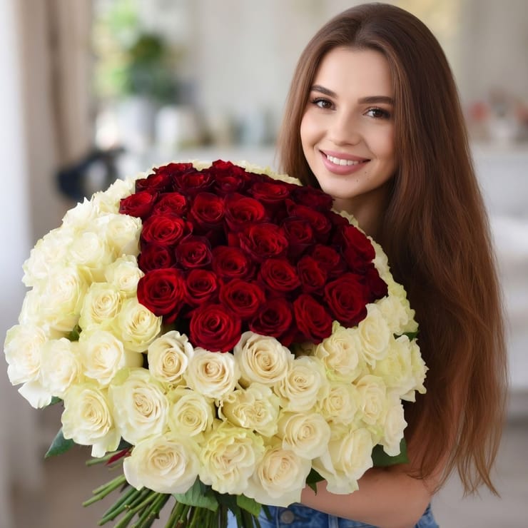 101 красная и белая роза Королевский – доставка цветов в Душанбе