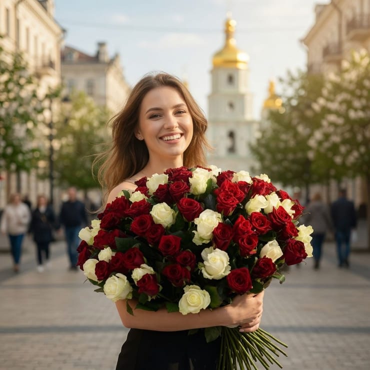 101 красно-белая роза – доставка цветов в Душанбе