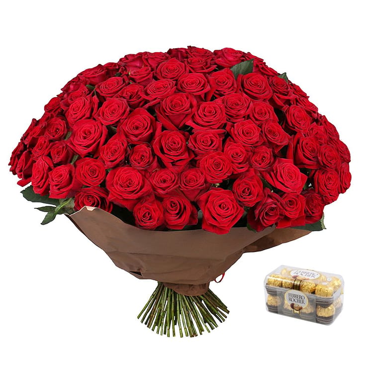 101 роза + Конфеты Ferrero Rocher – доставка цветов в Нью-Йорк