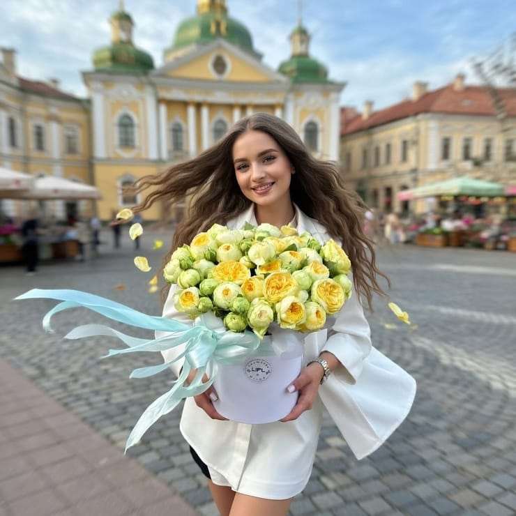 Желтые кустовые розы в коробке – доставка цветов в Душанбе