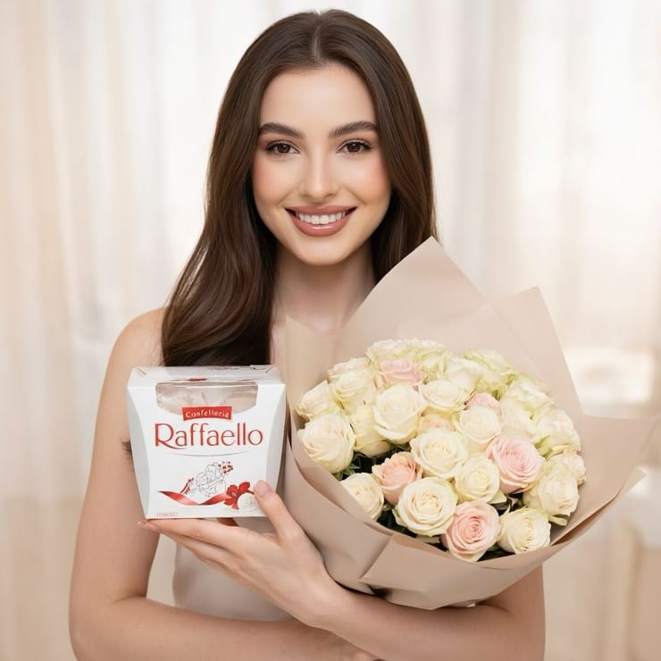 Букет 9 кустовых роз + Raffaello – доставка цветов в Киев