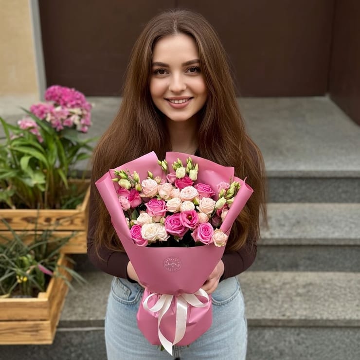 Розовый микс из роз и эустом – доставка цветов в Киев